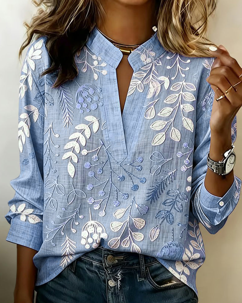 Drynora - Women's Floral Print Open Collar Long Sleeve Elegant Style Blouse
