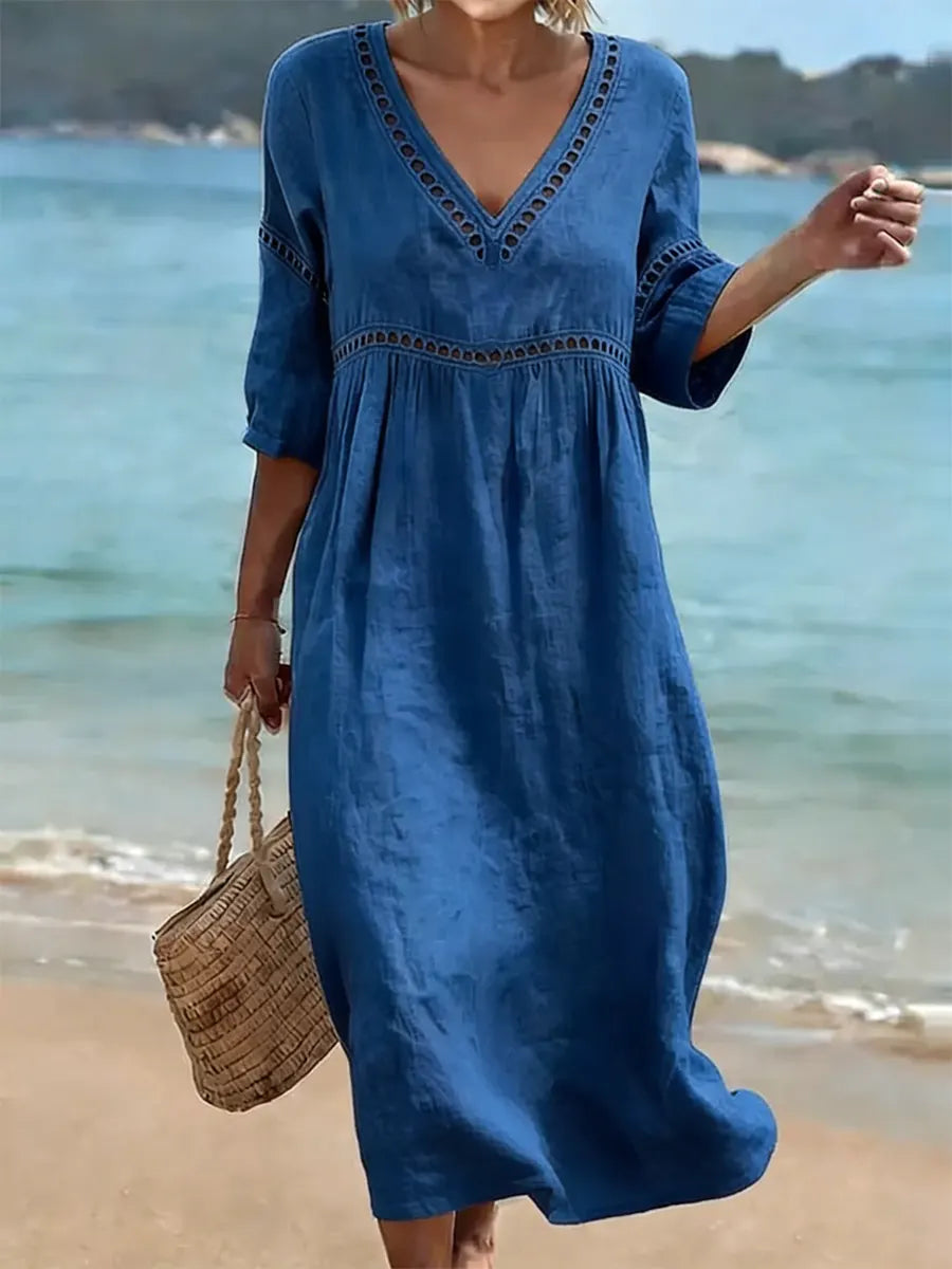 Rynoxa - Women's flowing midi dress V-neck wide sleeves elegant natural style