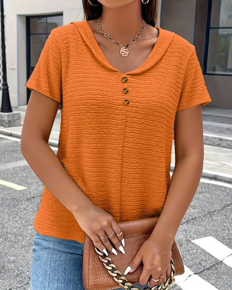 Syzelle - Women's textured round neck short sleeve t-shirt with decorative buttons, elegant