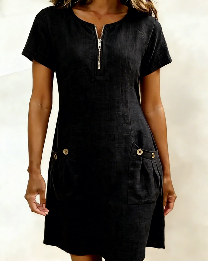 Kovira - Cotton Linen Short Dress with Zipper and Pockets