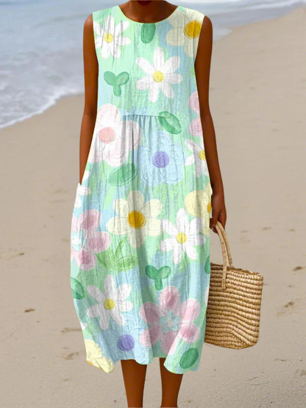 Tazira - Women's Summer Flowy Artistic Print Sleeveless Lightweight Comfortable Dress