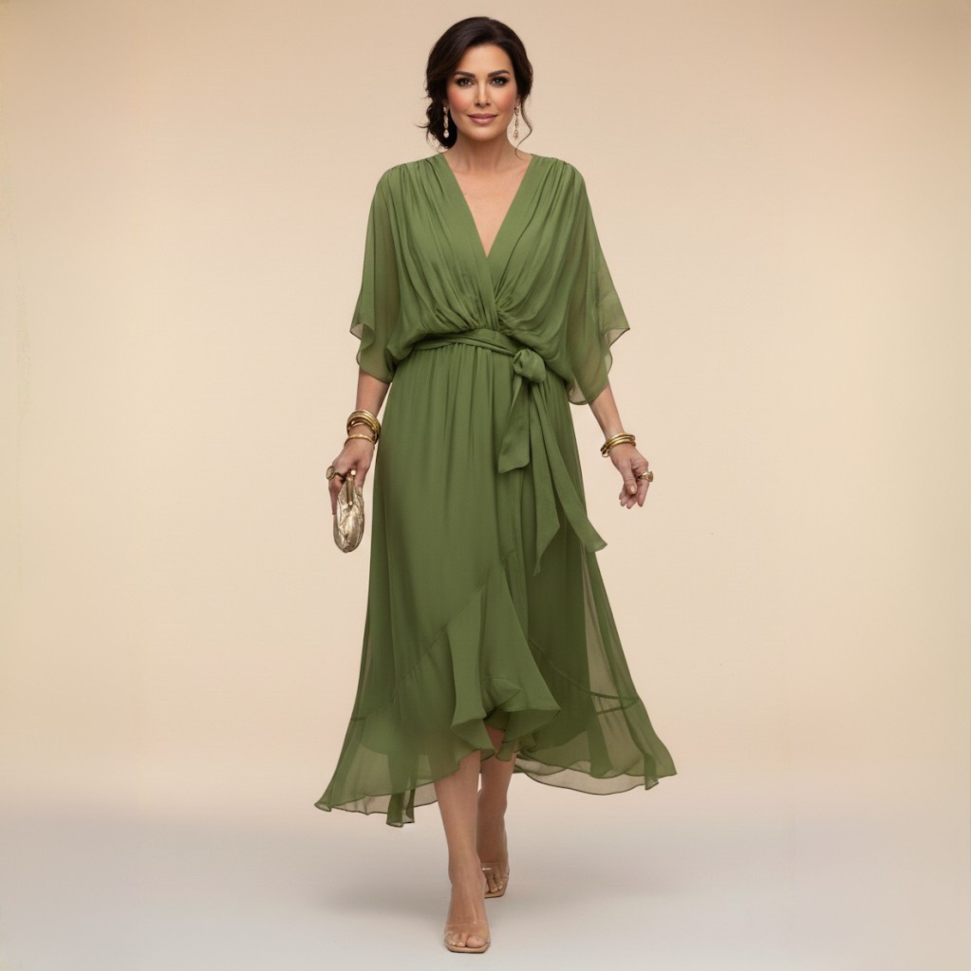 Lazira - Women's flowing midi dress with V-neck, wide sleeves, and elegant belt