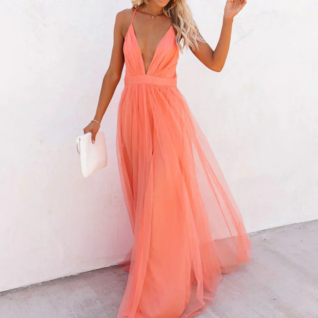 Jaxira - Women's long flowing V-neck backless elegant evening dress