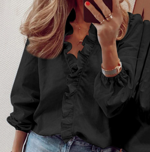 Nythera - Women's Ruffled V-Neck Lantern Sleeve Blouse