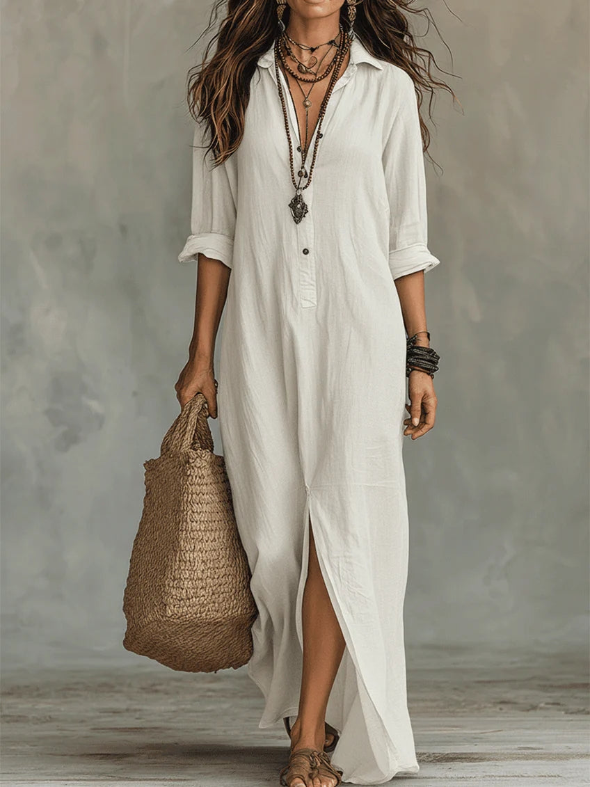 Olyndra - Women's Flowy Button-Down Long Dress Timeless Elegant Style