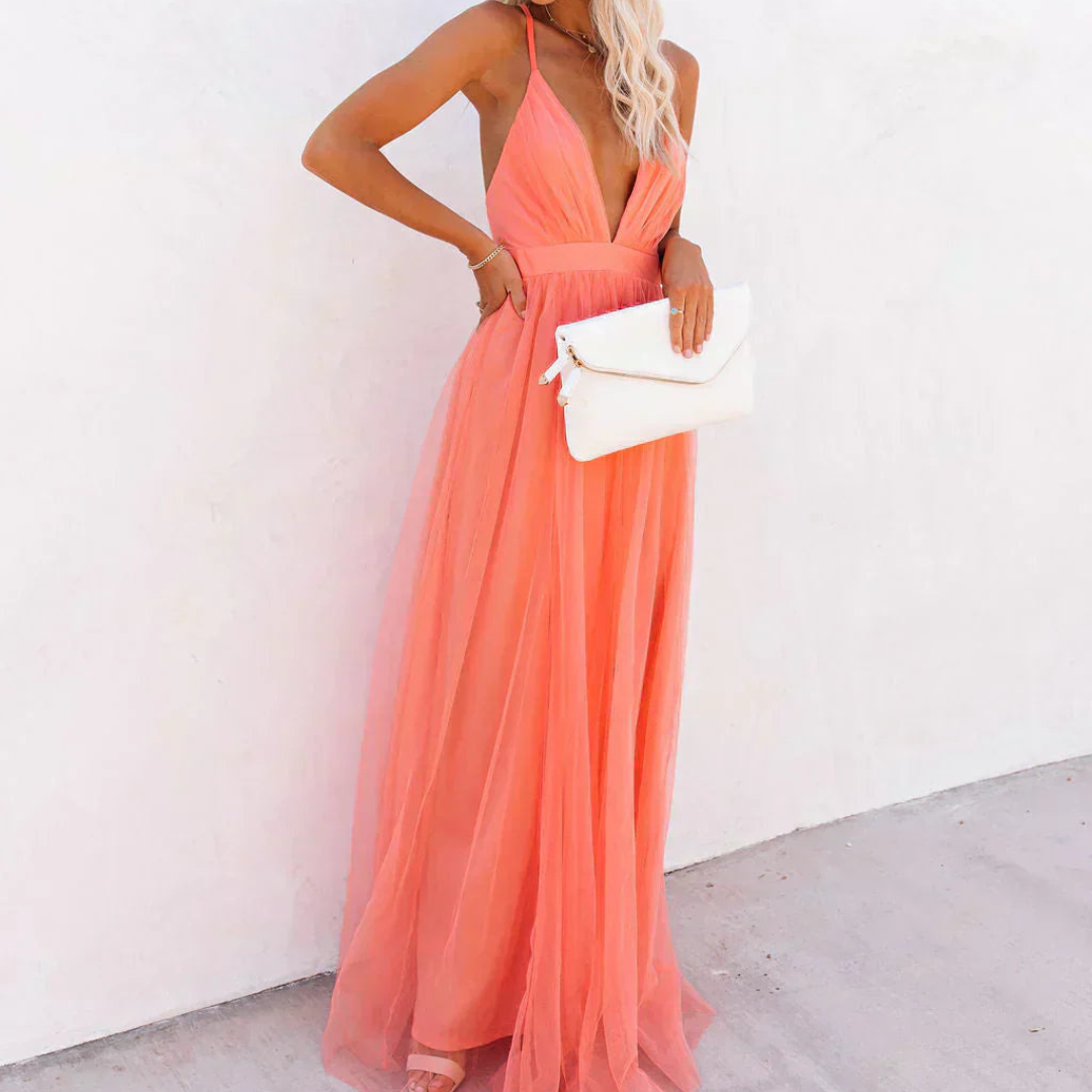 Jaxira - Women's long flowing V-neck backless elegant evening dress