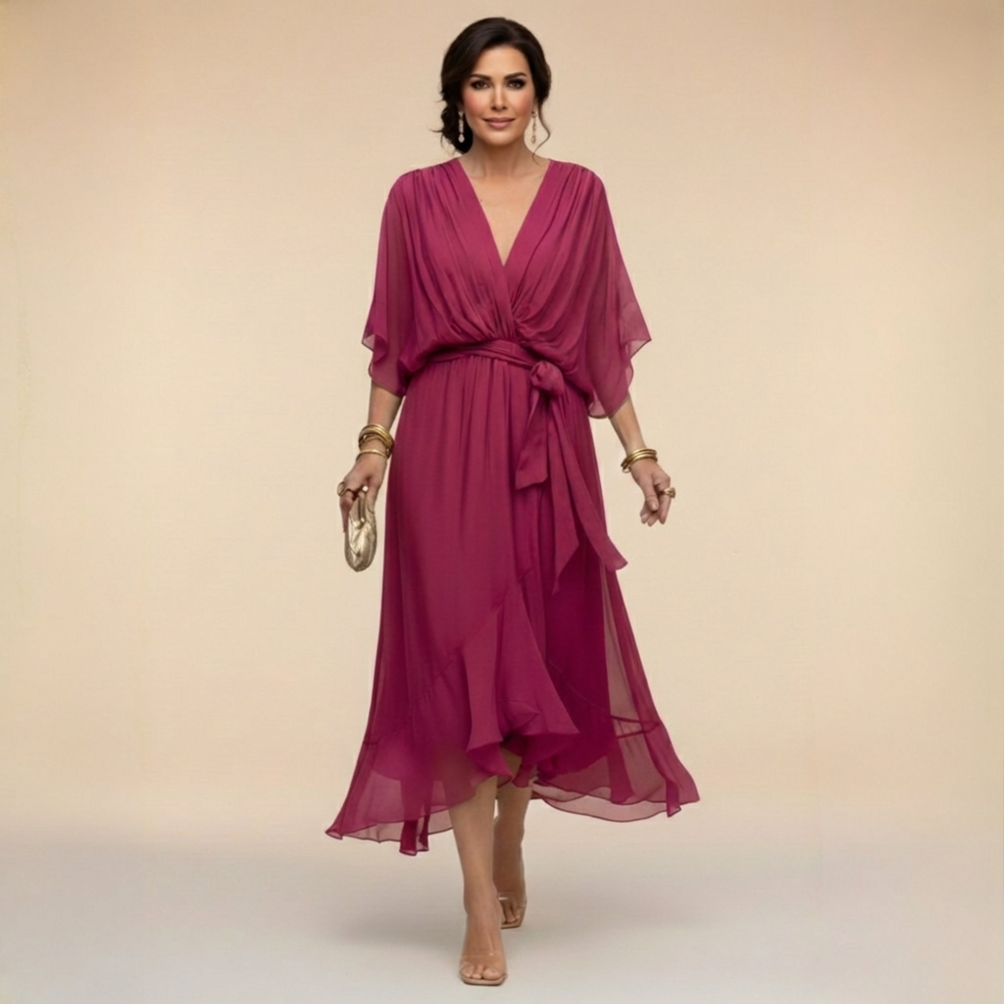 Lazira - Women's flowing midi dress with V-neck, wide sleeves, and elegant belt