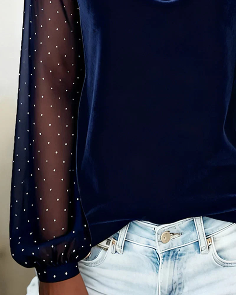 Lunavessia - Elegant Blouse with Draped Collar and Sheer Sleeves