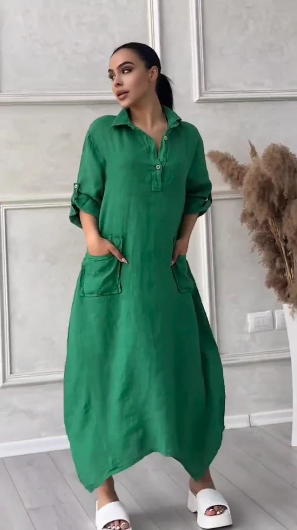 Leontine - Women's maxi dress in linen and cotton with lapels