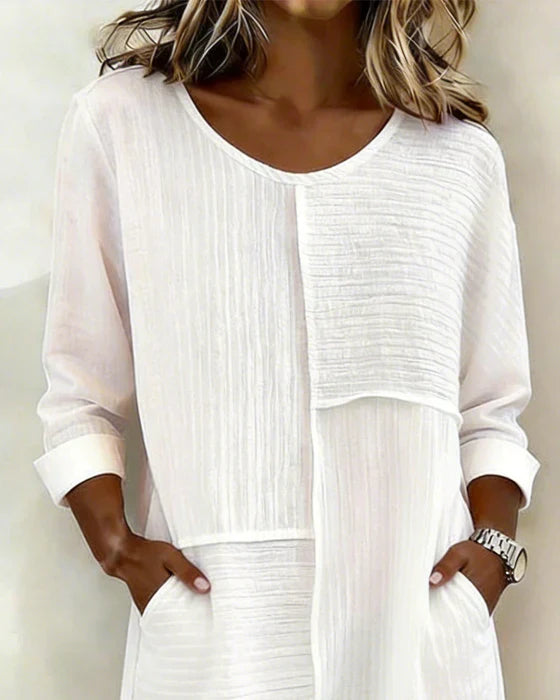 Gaelle - Women's Cotton Linen Textured Flowing Dress Long Sleeves Comfort