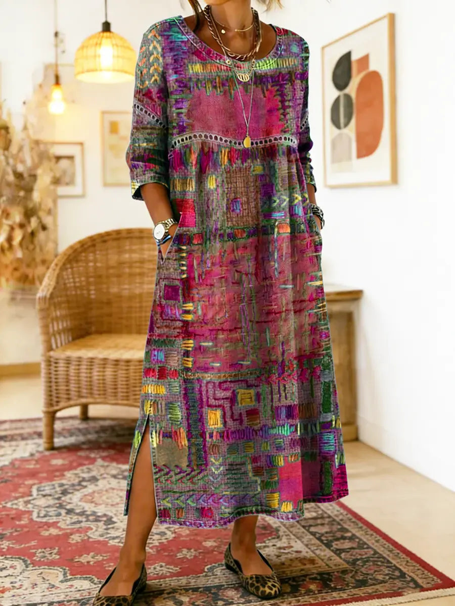 Lunethra - Women's Ethnic Patchwork Denim Dress