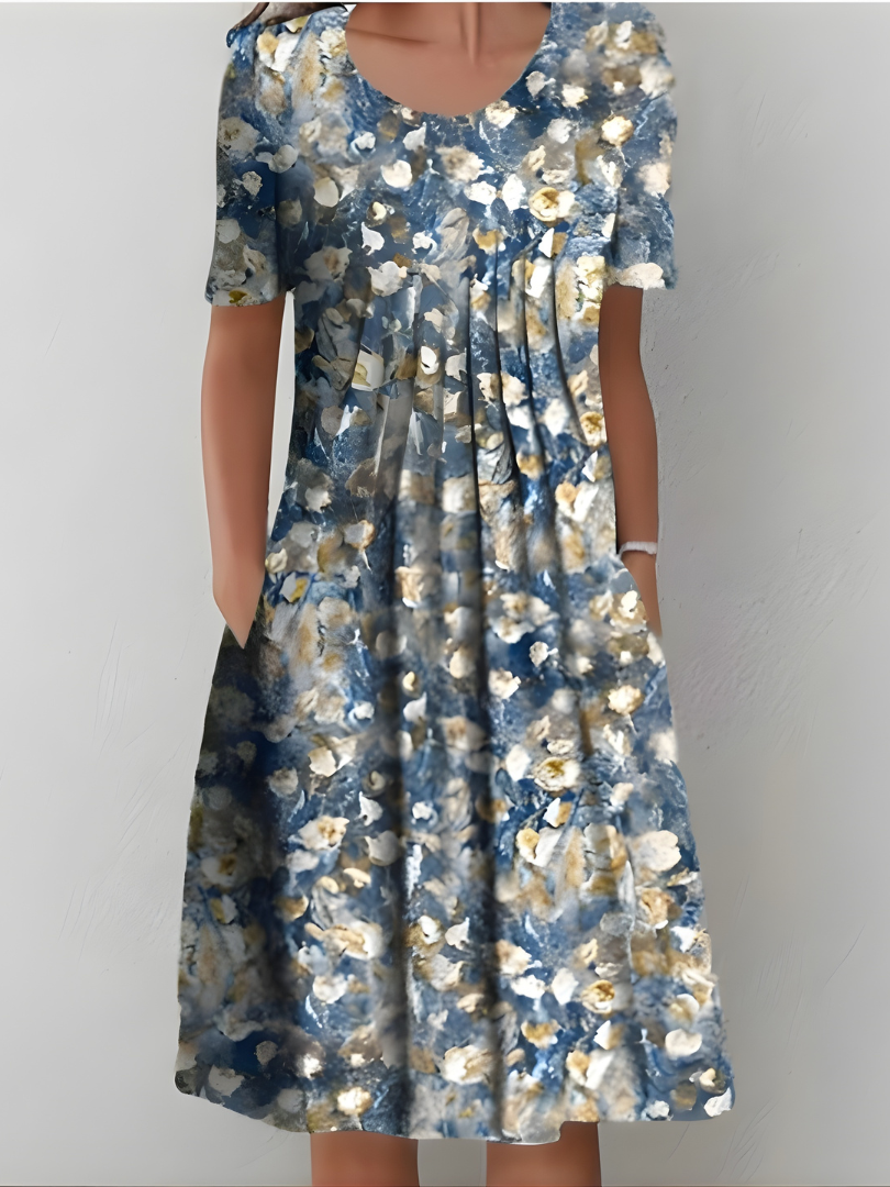 Aurexia - Women's Floral Pleated Short Sleeve Flowy Elegant Dress