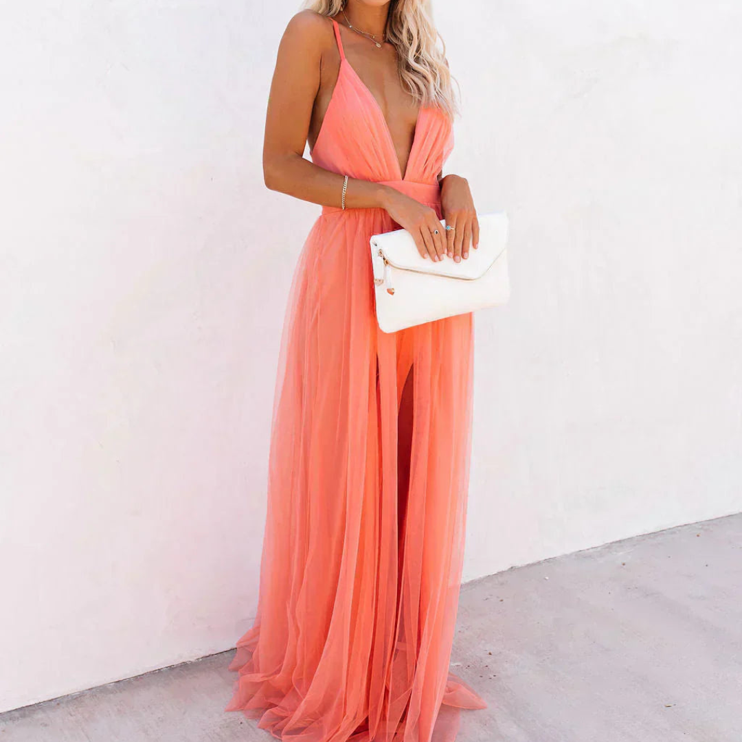 Jaxira - Women's long flowing V-neck backless elegant evening dress