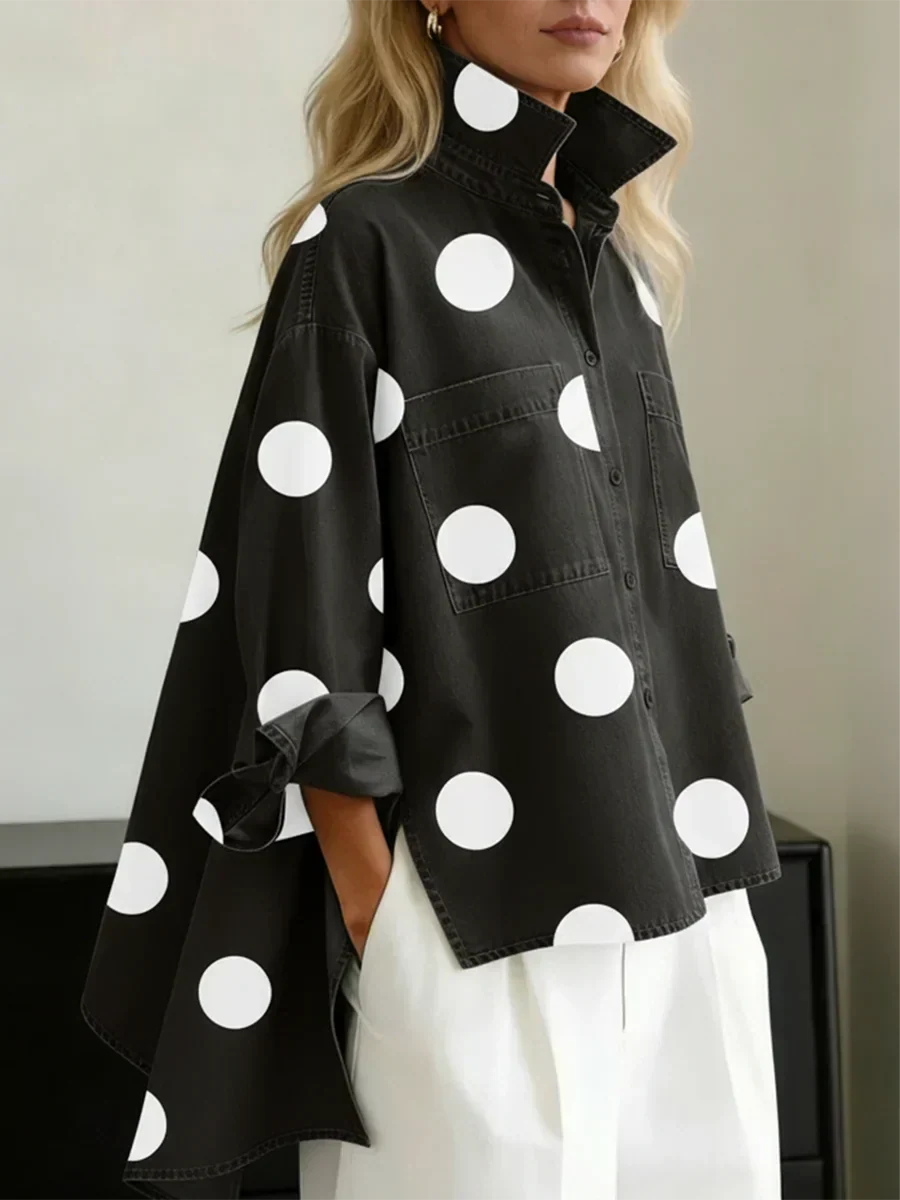 Aqira - Women's Oversized Polka Dot Shirt Loose Fit Modern Structured Collar