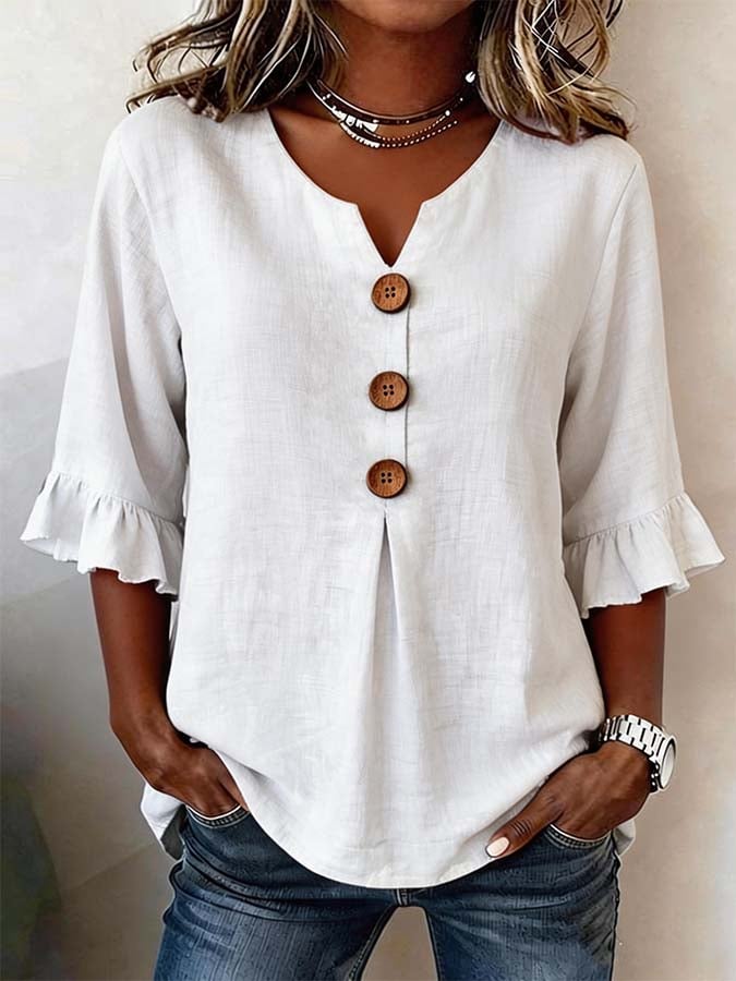 Tyvora - Women's Plain Flowy Blouse with Ruffled Sleeves and Wooden Buttons, Boho Style