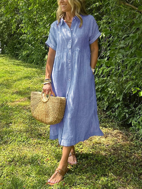 Melania - Striped shirt dress with lapels and buttons | With functional pockets