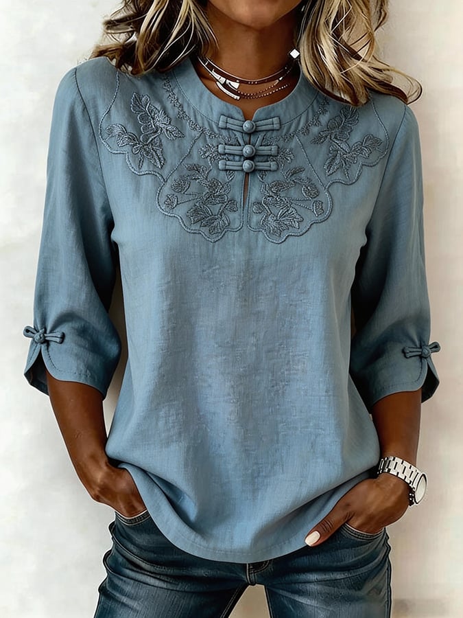 Myrvella - Women's embroidered round neck top natural style cotton linen