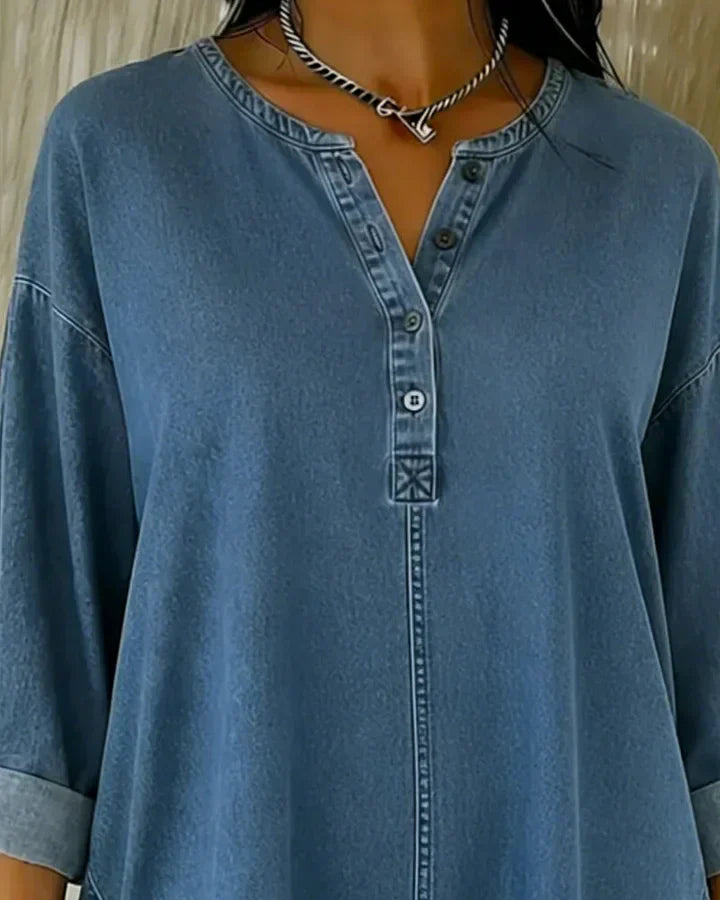 Heliravessa - Button-Down Casual Denim Top with V-Neck