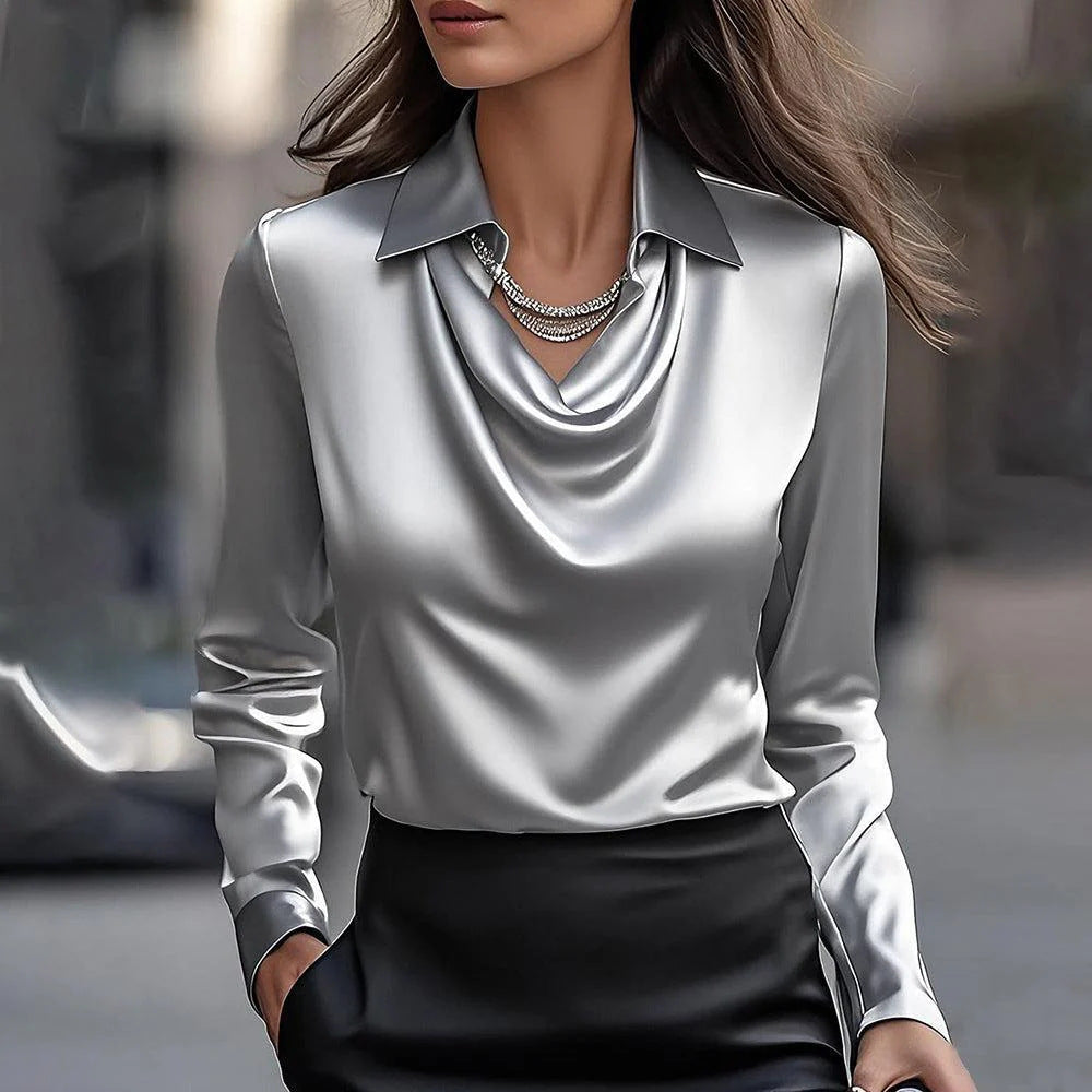 Laureline - Shiny Blouse with Pleated Collar - Chic & Timeless