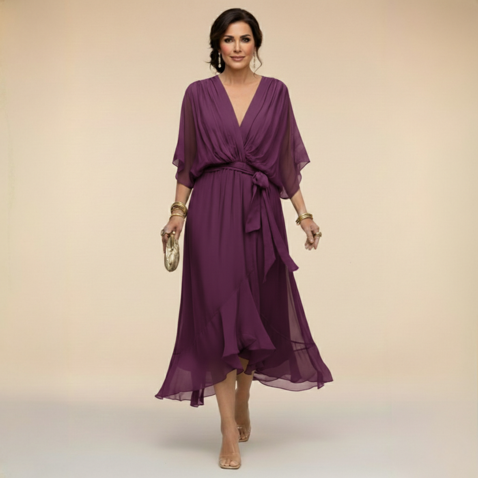 Lazira - Women's flowing midi dress with V-neck, wide sleeves, and elegant belt