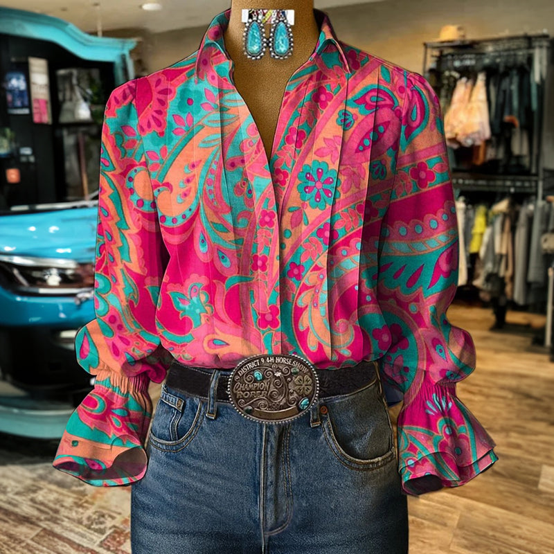 Ivriza - Women's Floral Turn-Down Collar Long Sleeve Vintage Style Blouse