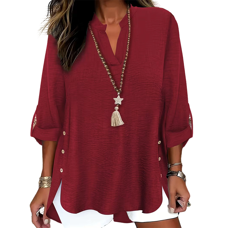 Kymora - Women's Loose V-Neck Top with Side Slits and Buttons