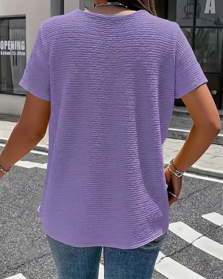 Syzelle - Women's textured round neck short sleeve t-shirt with decorative buttons, elegant