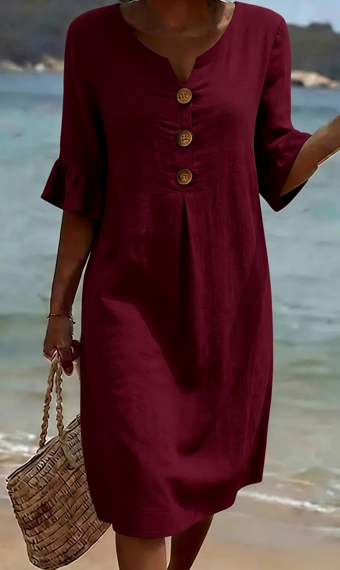 Beatrix - Women's Cotton Linen Dress Flowy Cut Buttons Flared Sleeves Elegant