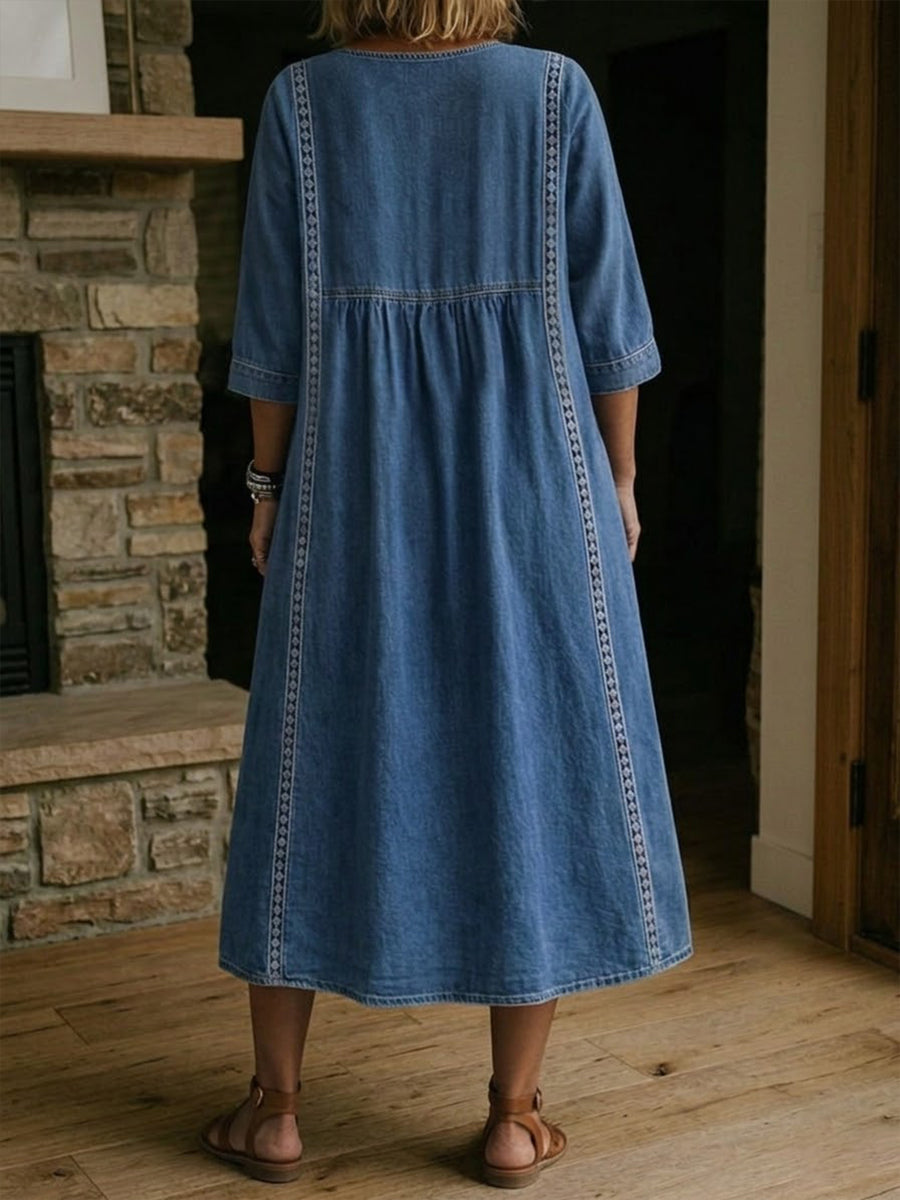 Fyntra - Women's Flowy Denim V-Neck Lace Casual Elegant Dress