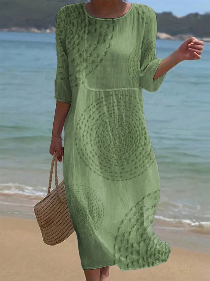 Pavessa - Flowy Midi Dress in Cotton and Linen with Textured Pattern