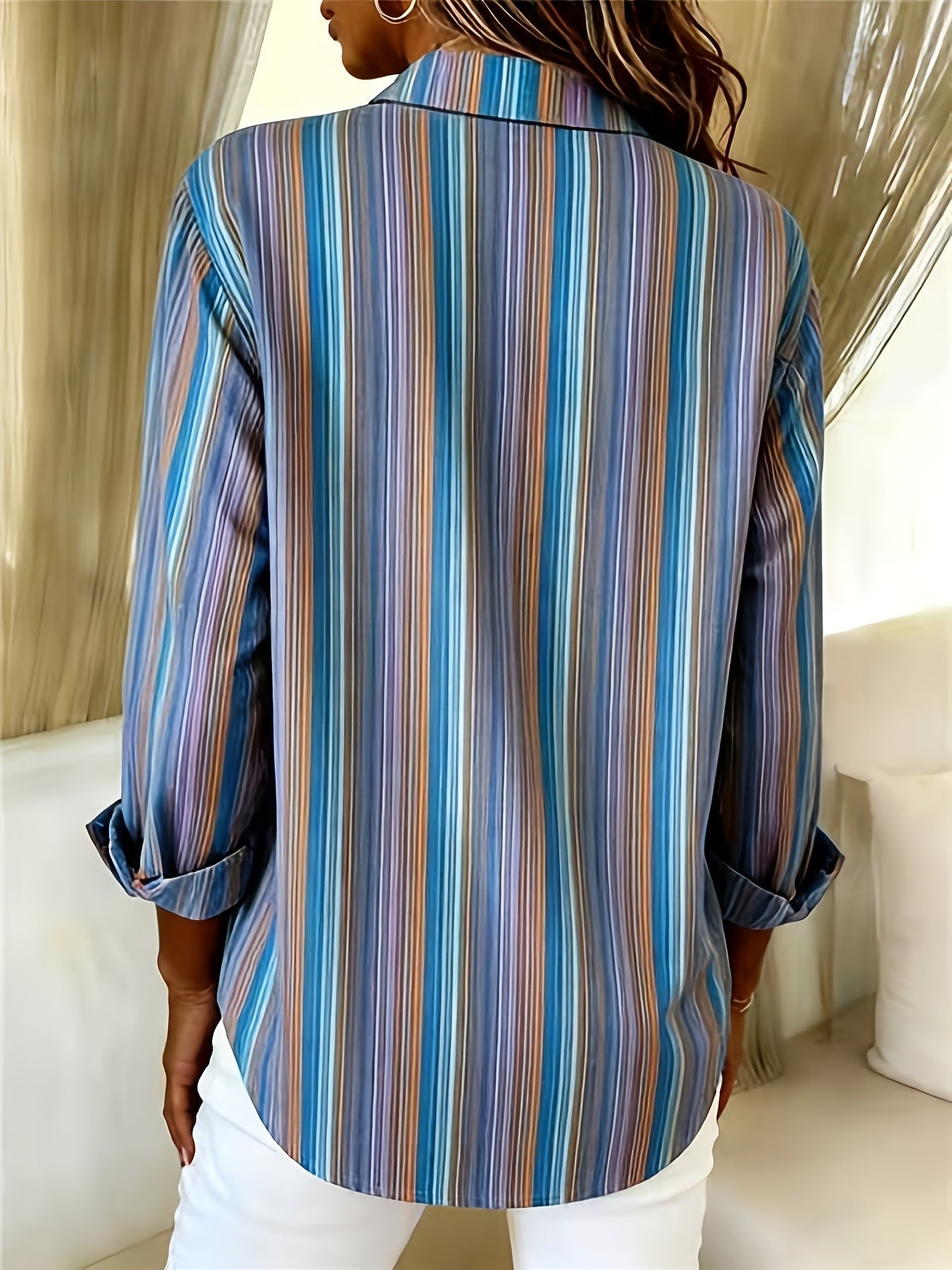 Qirexa - Women's Vertical Striped Loose Fit Button-Down Casual Shirt