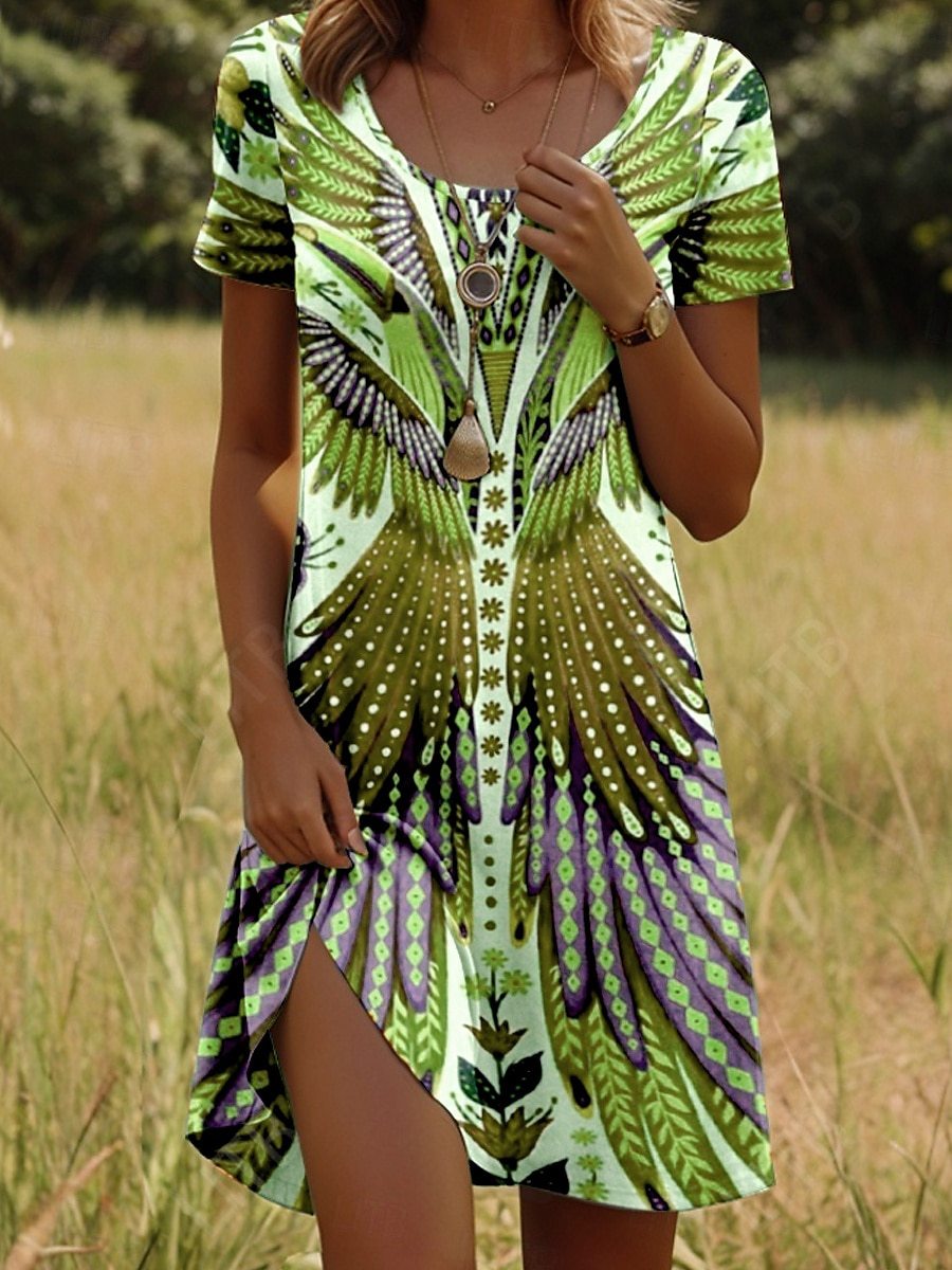 Nivara - Round Neck Dress with Indian Print and Short Sleeves