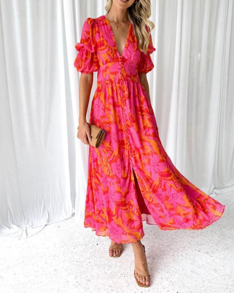 Izzora - Women's elegant long flowing printed V-neck short-sleeve dress