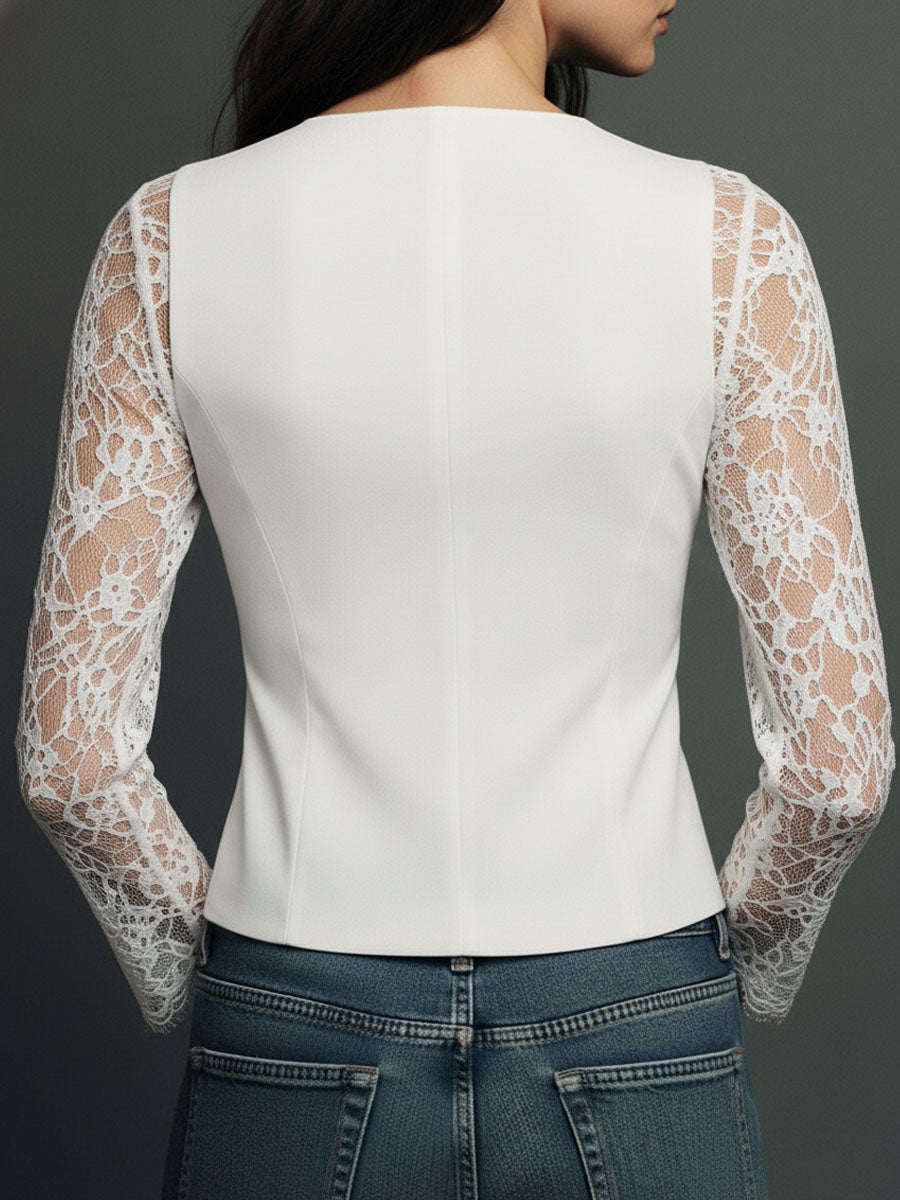 Bruxelle - Women's Elegant Lace Blouse with Transparent Sleeves