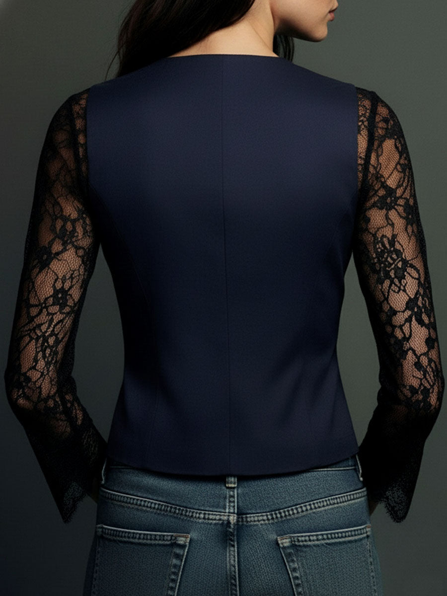 Bruxelle - Women's Elegant Lace Blouse with Transparent Sleeves