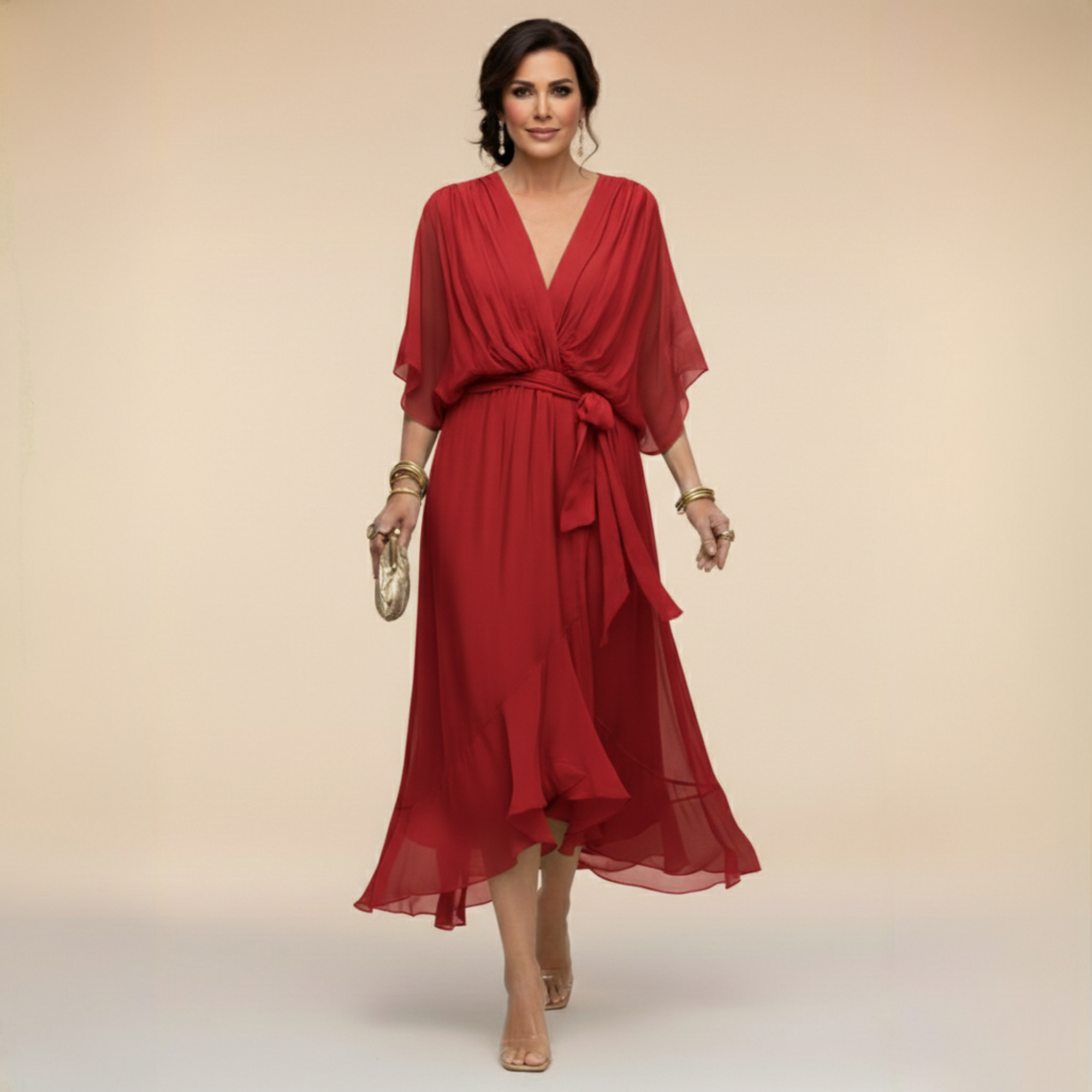 Lazira - Women's flowing midi dress with V-neck, wide sleeves, and elegant belt