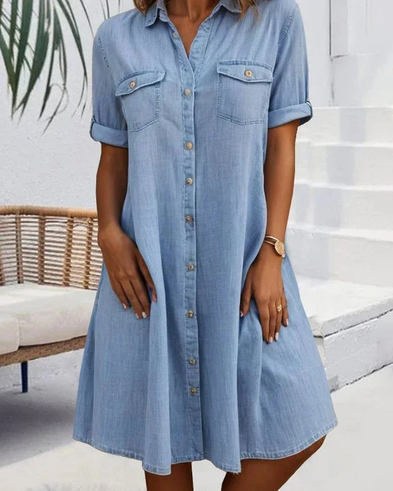 Evelina - Midi Dress with Lapel Collar and Button