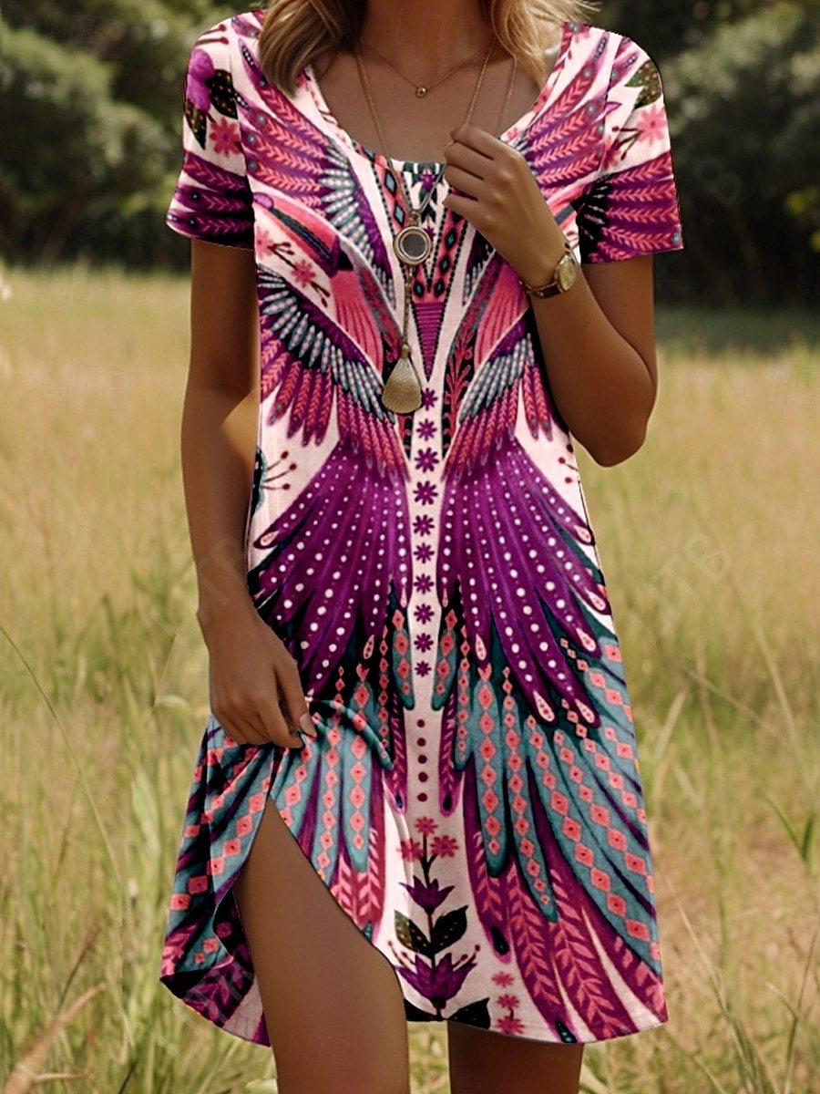 Nivara - Round Neck Dress with Indian Print and Short Sleeves