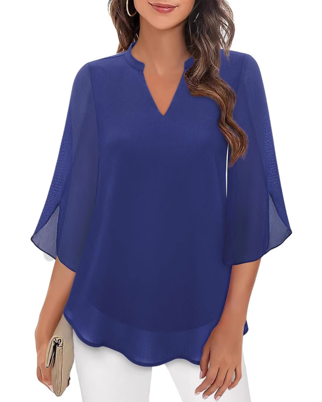Ozyra - Elegant V-Neck Chiffon Flowy Blouse