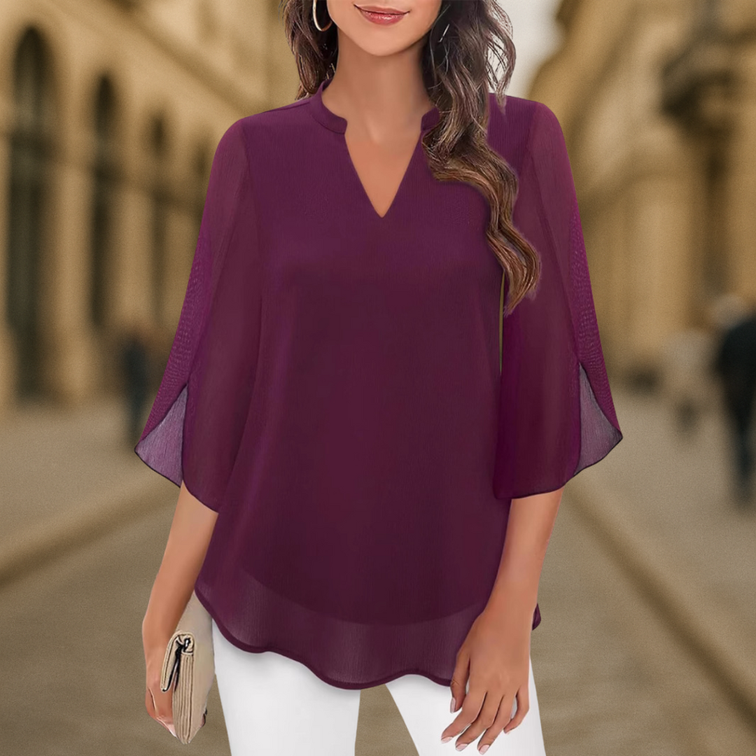 Ozyra - Elegant V-Neck Chiffon Flowy Blouse