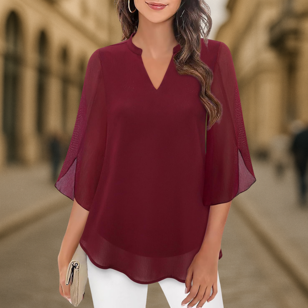 Ozyra - Elegant V-Neck Chiffon Flowy Blouse