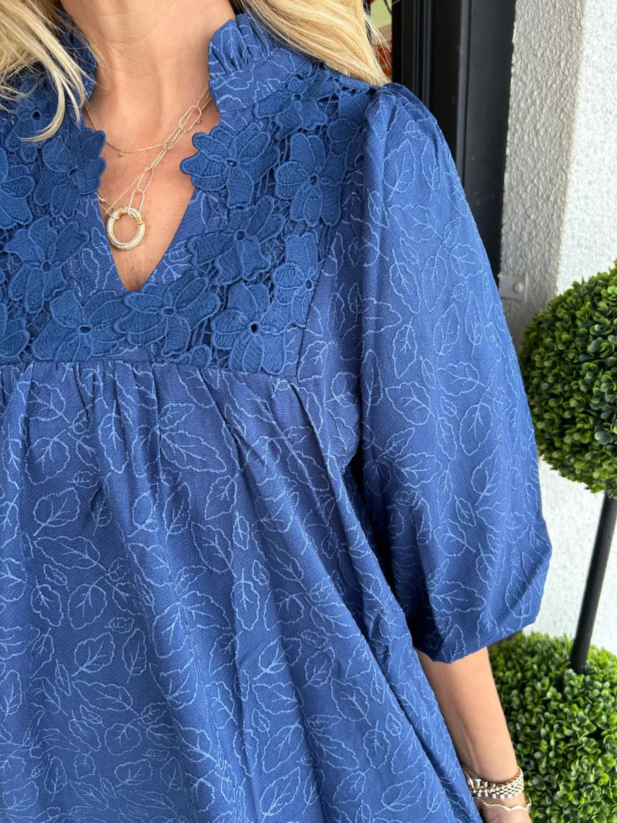 Tesia - Short Jacquard Dress with Puff Sleeves