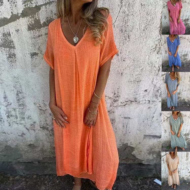 Fiorina - Loose Cotton and Linen V-Neck Dress