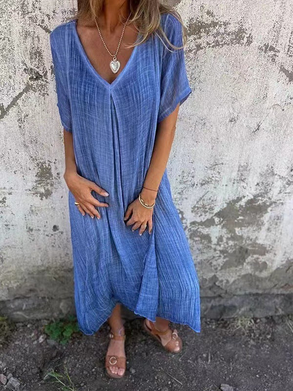 Fiorina - Loose Cotton and Linen V-Neck Dress