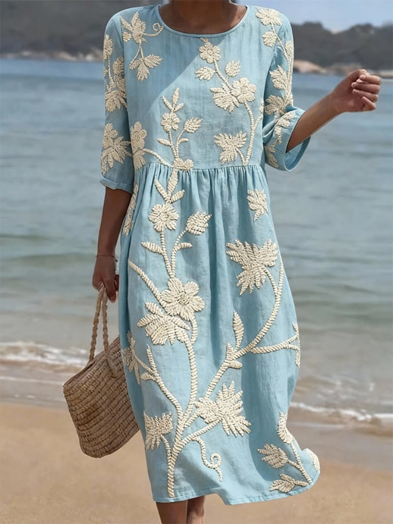 Delyth - Elegant Vintage Style Embroidered Flowy Midi Dress