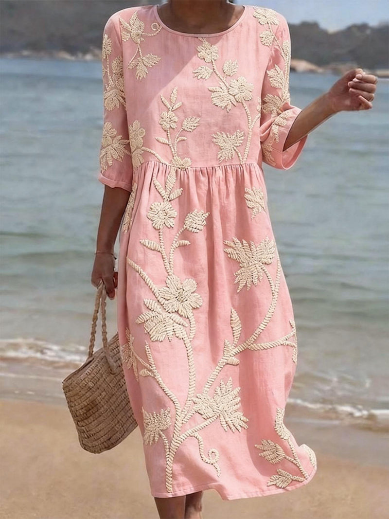 Delyth - Elegant Vintage Style Embroidered Flowy Midi Dress