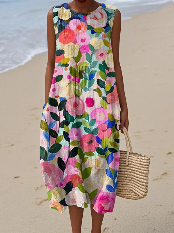 Tazira - Women's Summer Flowy Artistic Print Sleeveless Lightweight Comfortable Dress