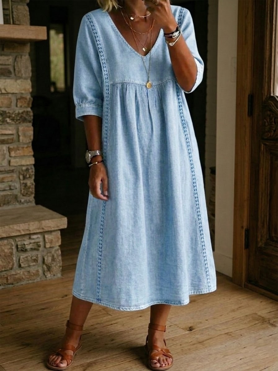Fyntra - Women's Flowy Denim V-Neck Lace Casual Elegant Dress