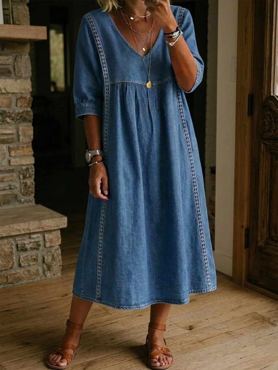 Fyntra - Women's Flowy Denim V-Neck Lace Casual Elegant Dress