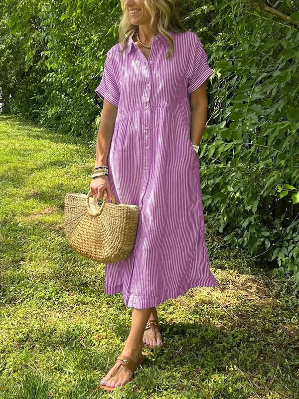 Melania - Striped shirt dress with lapels and buttons | With functional pockets